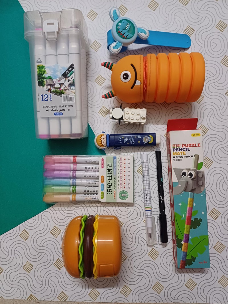Generic Special Combo Gift Pack for Favourite Surprise -Eraser,Burger Lamp,Pencil,Spinning Band,Designing Highlighter,3 Lines Pen,Stylish pens,Pencil Box,Color Markers,Sharpener (Pack of 10) for Girl k  - Image 5