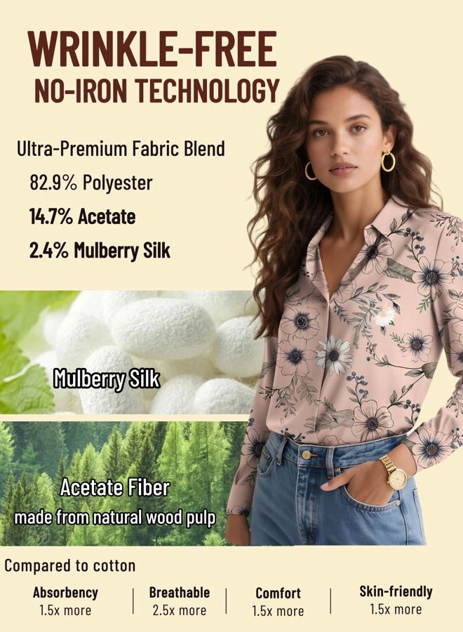 COUXILY Soft Non-Iron & Wrinkle-Free Womens Button Down Shirts with Mulberry Silk Long Sleeve Blouse Casual Work Tops, S04 Floral 03, M - Image 3