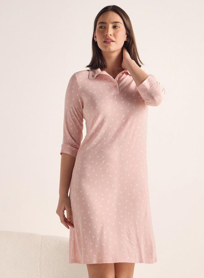 سبلاش فيڤ قميص نوم بطبعة كاملة بياقة بولو وأكمام ثلاثة أرباع - Image 1