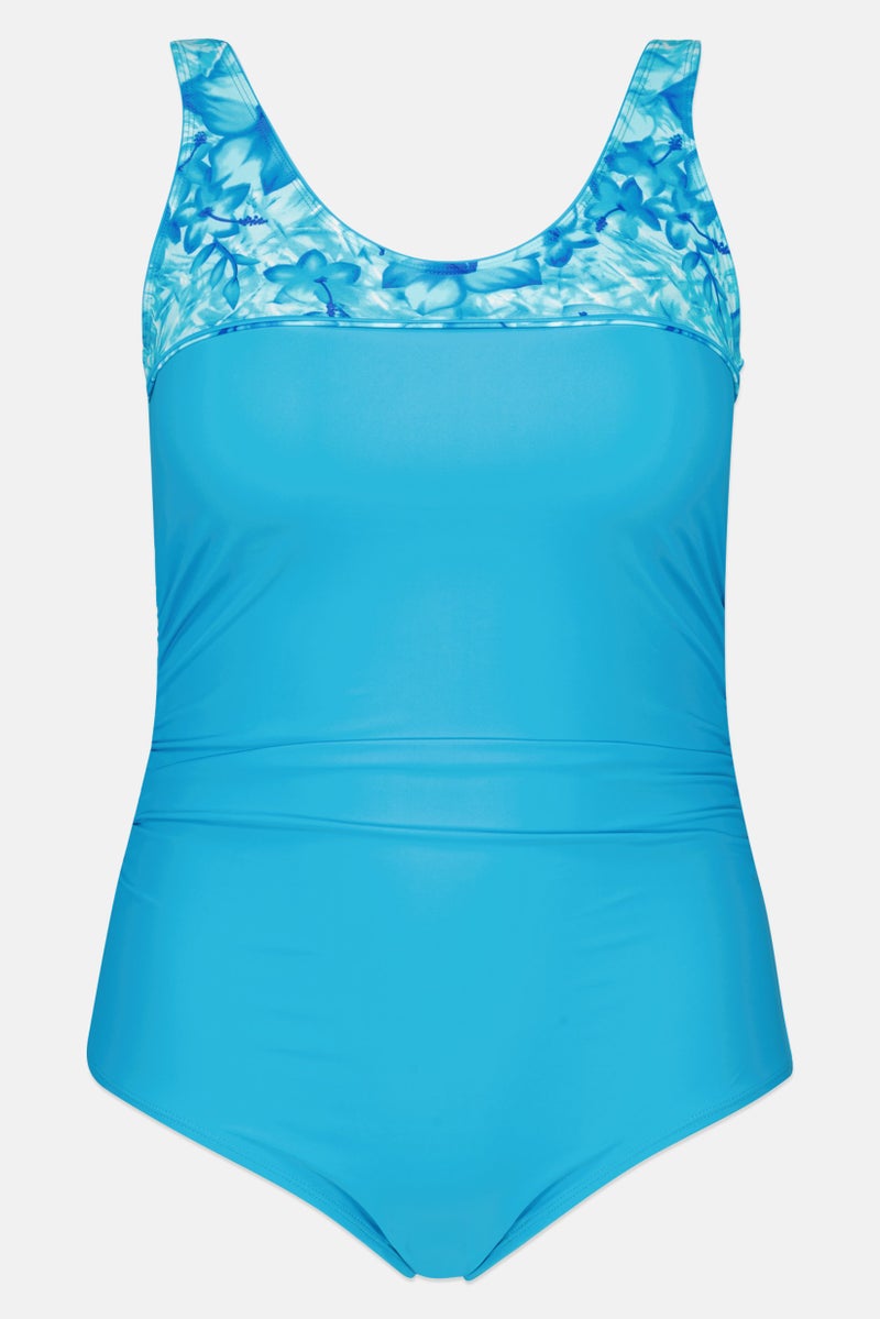 Caribbean Sand Women Plus Size Padded Floral Pattern One Piece Swimsuit, Vivid Sky Blue - Image 1