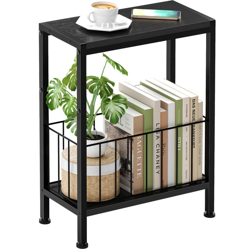 Lifenite Narrow Side Table, Skinny End Tables with Magazine Holder, Small Sofa Table for Small Spaces, Space-Saving Design, Slim Nightstand Bedside Table for Living Room, Bedroom, Office, Black - Image 1