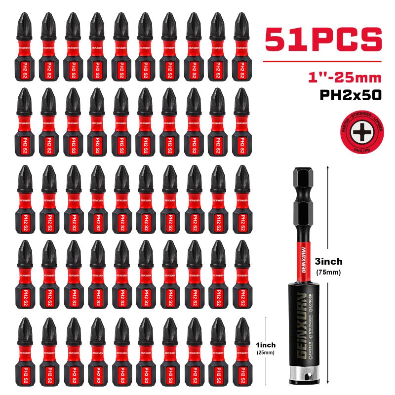 Geinxurn Impact Tough #2 Phillips 1 in. Insert Driver Bits,50Pack PH2 Screwdriver Bits Set with 1Pcs Impact Bit Holder,Bulk - Image 2