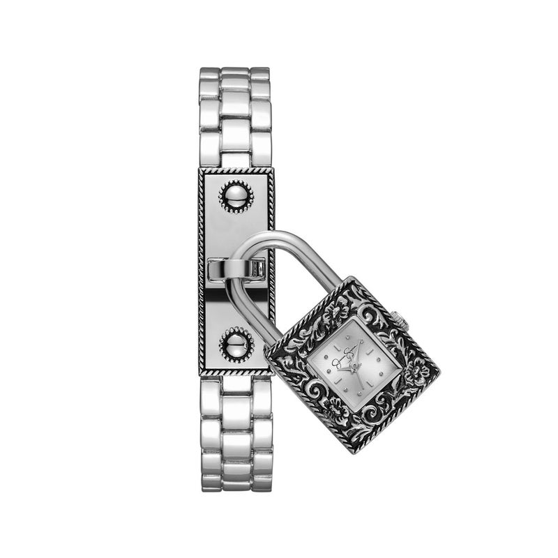 Jessica Simpson Locket Charm Watch for Women Silver Bracelet 20mm Square Case Analog Quartz Movement Adjustable Metal Band Gift Box Included Silver - Image 2