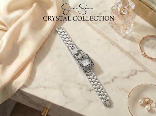 Jessica Simpson Locket Charm Watch for Women Silver Bracelet 20mm Square Case Analog Quartz Movement Adjustable Metal Band Gift Box Included Silver - Image 3