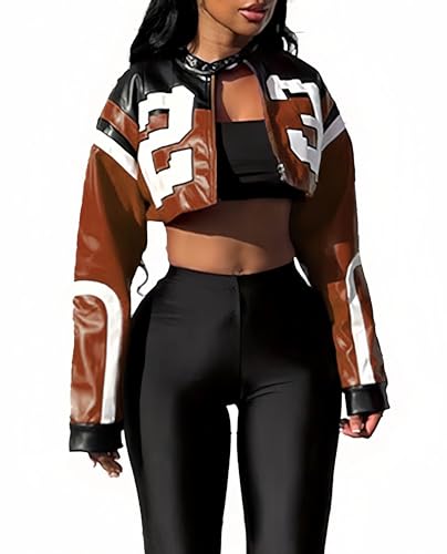 VOIKERDR Leather Jacket Cropped Jacket Motorcycle Jacket Y2K Letter Bomber Jacket Women Faux Leather Jacket Streetwear - Image 1