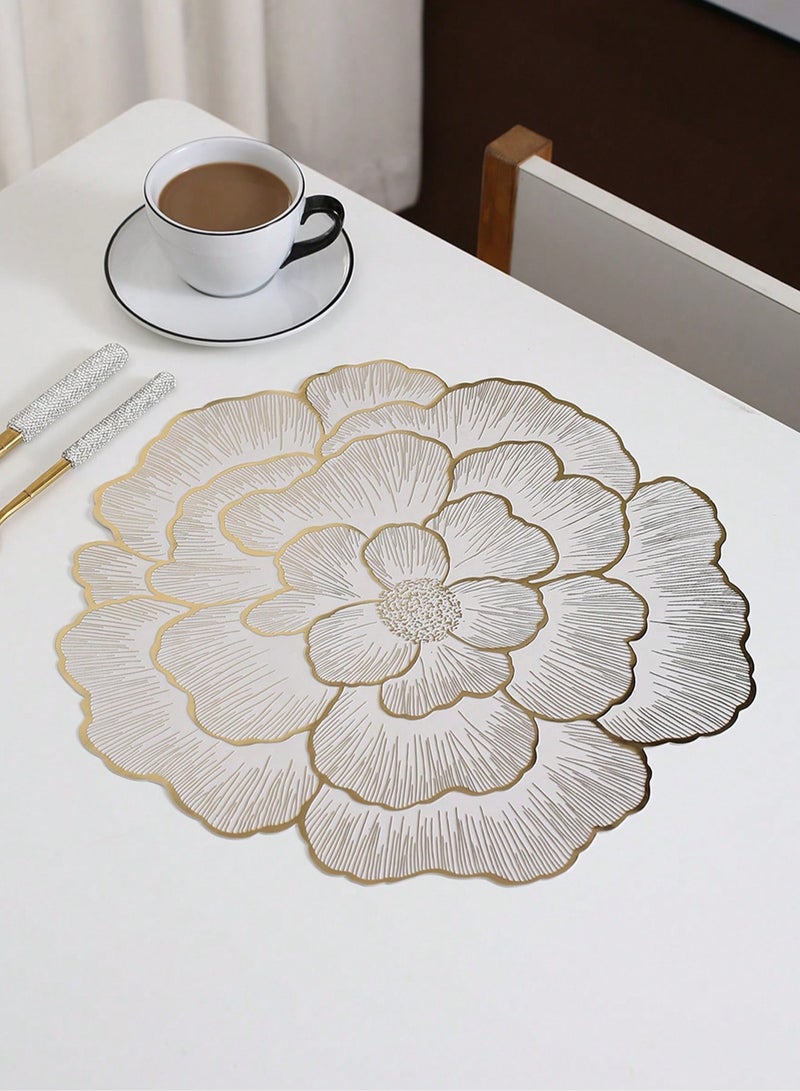 Sisily 2 PC Golden Creative Flower Design PVC Placemat, Washable, Easy To Clean, Wipeable, Non-Slip, Heat Resistant, For Holiday Wedding Festival Dining Table Decoration - Image 2