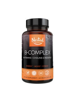 Vegan Bcomplex Vitamins Plus Choline & Inositol; High Potency B1 B2 B3 B5 B6 B7 B9 Supplement With Pure Methyl B12; 60 Vegan Capsules; Energy Immunity & Metabolism Booster