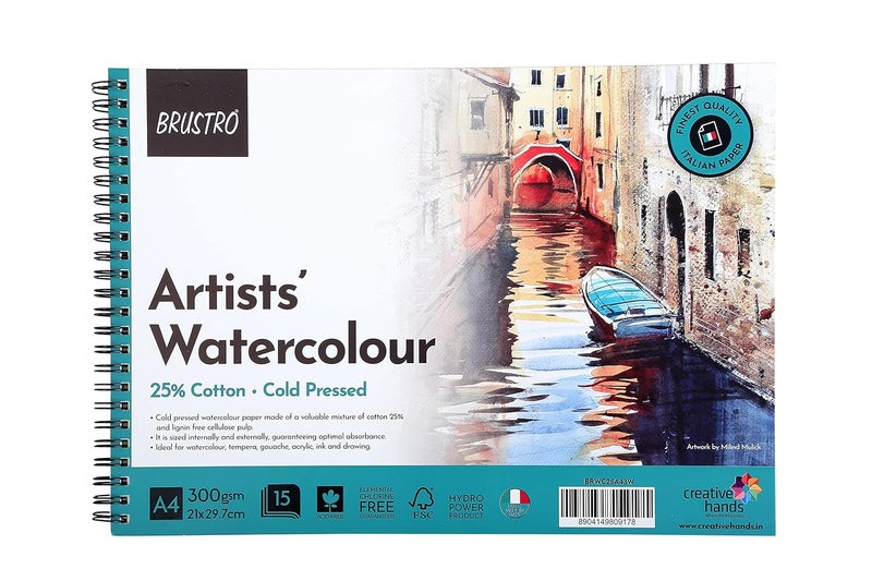BRUSTRO Artist's Watercolour Paper Pad | 300 GSM, A4, 25% Cotton, Cold Pressed | Pack of 15 Sheets | Wiro Bound, Spiral, Ideal for Professional Drawing, Painting, Dry & Wet, Fine Art Students - Image 2