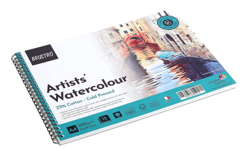 BRUSTRO Artist's Watercolour Paper Pad | 300 GSM, A4, 25% Cotton, Cold Pressed | Pack of 15 Sheets | Wiro Bound, Spiral, Ideal for Professional Drawing, Painting, Dry & Wet, Fine Art Students - Image 1