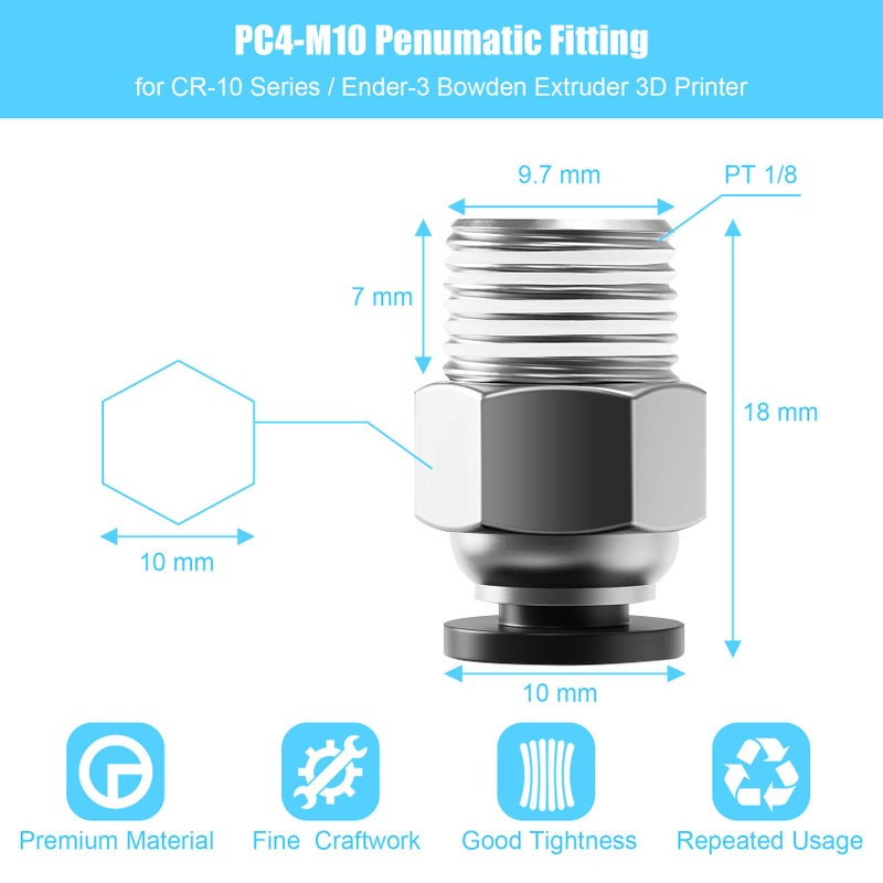 StLiSuYmx 10PCS Premium PC4-M10 Pneumatic Quick Connector Fittings, Bowden Tube Coupler Male Straight PTFE Tube Push for E3D-V6, Bowden Extruder Parts Compatible with Ender-3 and Ender-3 V2 3D Printer - Image 2