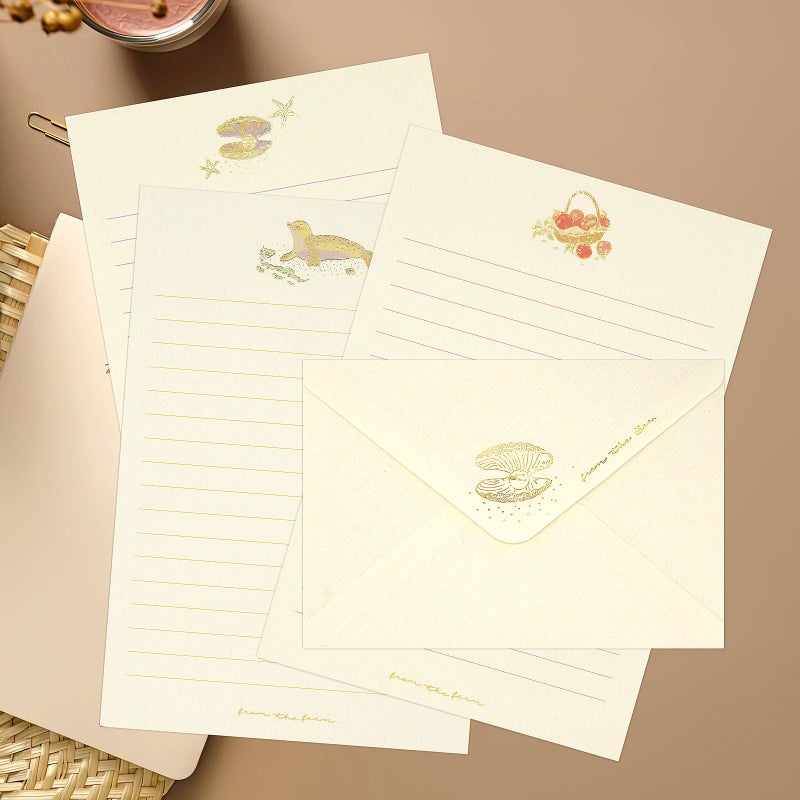 KSIWRE 36PCS Stationery Paper and Envelopes Set,24 Lined Paper and 12 Envelopes Inlaid Shell Sea Star Flower Theme Pattern, White Minimalist Stationary Set for Invitations Love Letter Holiday Wishes - Image 4