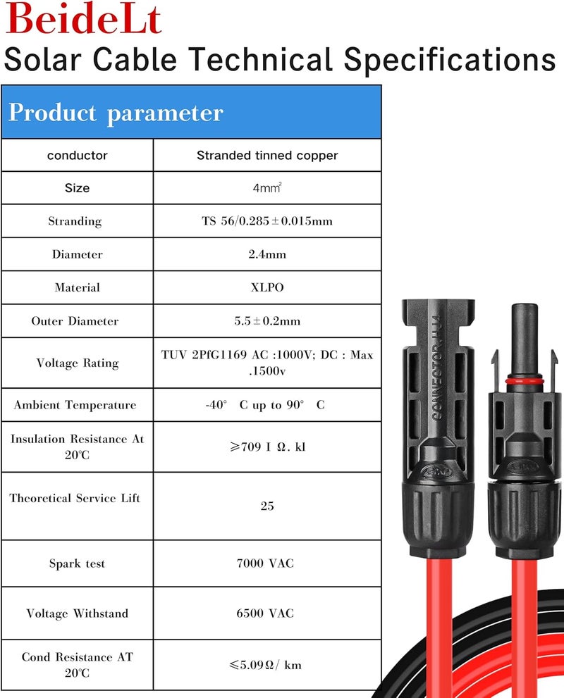 BeideLt 6 Feet 12AWG Solar Extension Cable with Female and Male Connector, Twin Wire Solar Panel Wire Adapter for Home, Shop and RV Solar Panels (6FT Red + 6FT Black) - Image 2