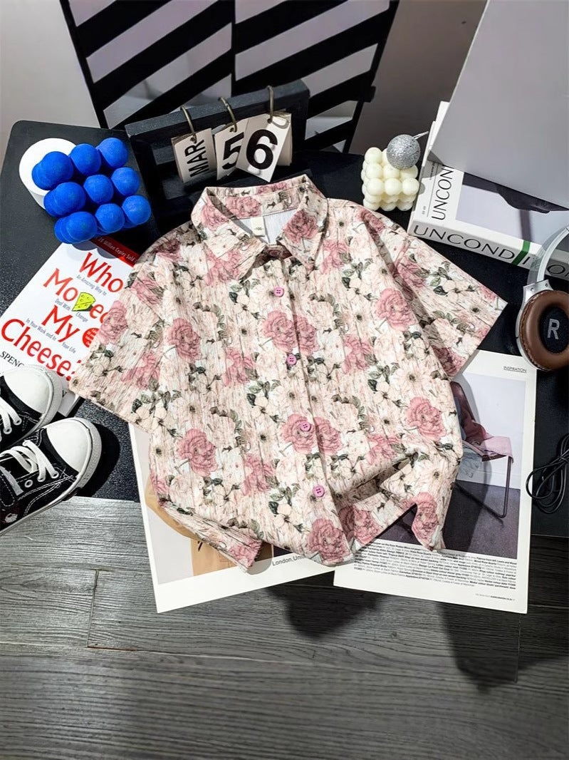 Children'S Floral Short-Sleeved Shirt Summer Children'S Handsome Thin Fashionable Shirt Children'S Summer Fashion - Image 1