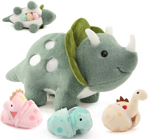 Karister Plush Dinosaur Stuffed AnimalsPlush Toy for Girls and BoysA Mommy Dinosaur with 3 Baby DinosaursTriceratops Stegosaurus and Diplodocus Gifts for KidsSmall Dino Plushies176 InchGreen - Image 1