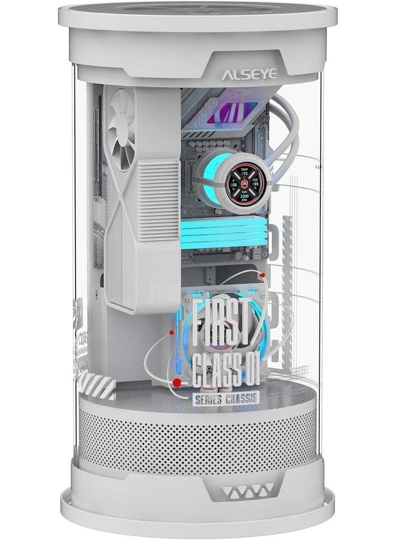 ALSEYE FC-01 Cylinder Acrylic Gaming PC Case - 360° Panoramic View, 165mm CPU Cooler Height, Micro ATX/ITX Tower with Unique Fish Tank Design (White) - Image 1