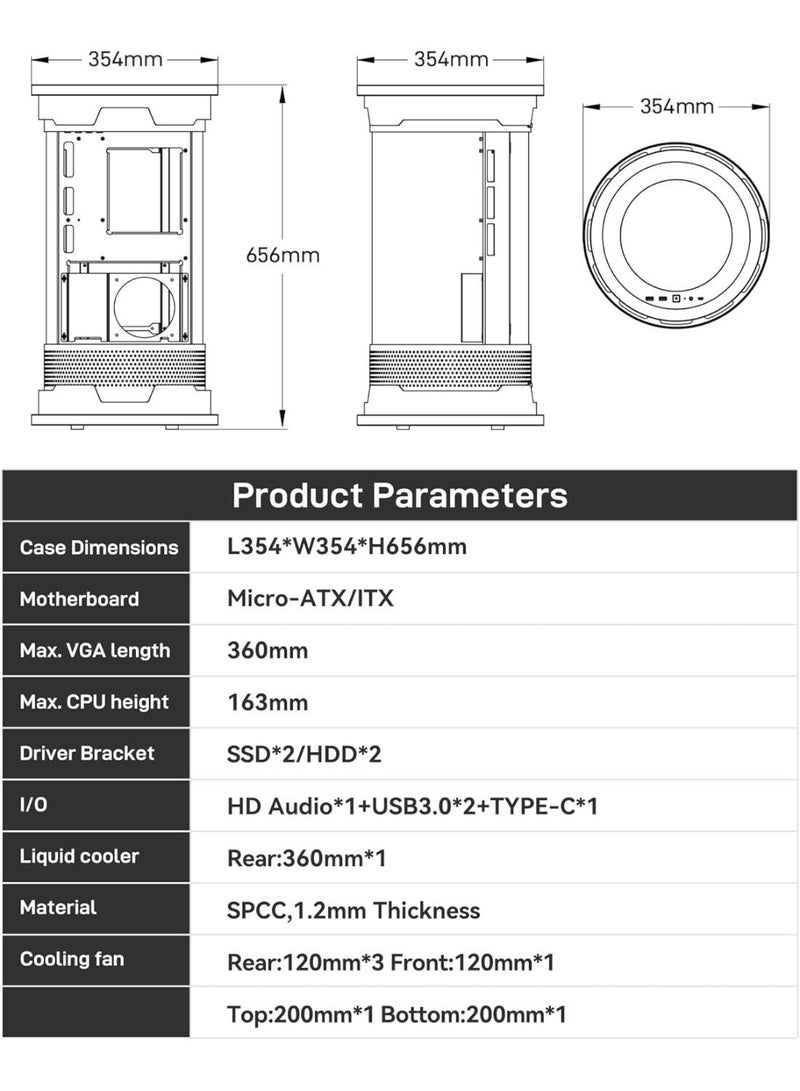 ALSEYE FC-01 Cylinder Acrylic Gaming PC Case - 360° Panoramic View, 165mm CPU Cooler Height, Micro ATX/ITX Tower with Unique Fish Tank Design (White) - Image 5