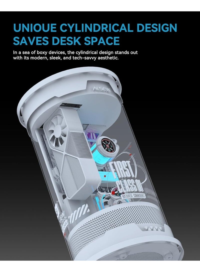 ALSEYE FC-01 Cylinder Acrylic Gaming PC Case - 360° Panoramic View, 165mm CPU Cooler Height, Micro ATX/ITX Tower with Unique Fish Tank Design (White) - Image 2