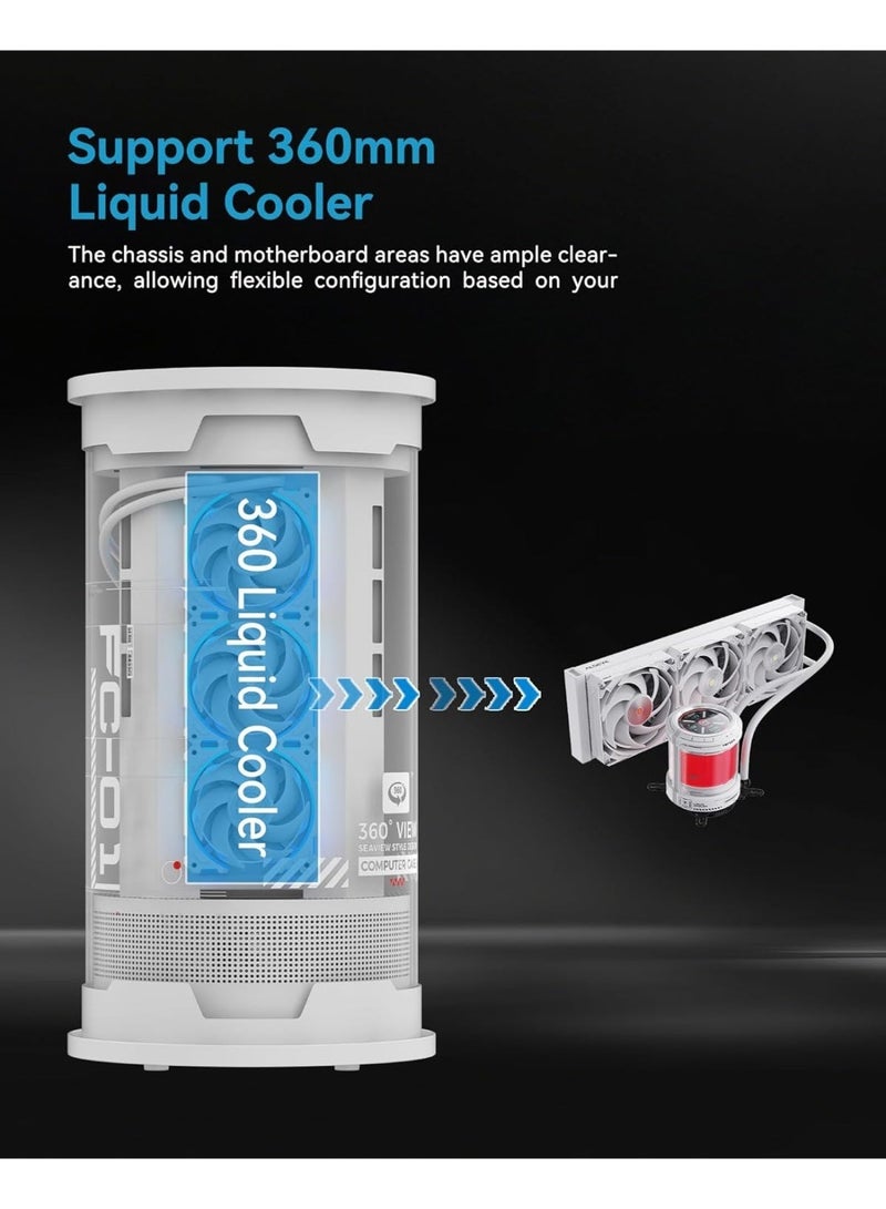 ALSEYE FC-01 Cylinder Acrylic Gaming PC Case - 360° Panoramic View, 165mm CPU Cooler Height, Micro ATX/ITX Tower with Unique Fish Tank Design (White) - Image 4