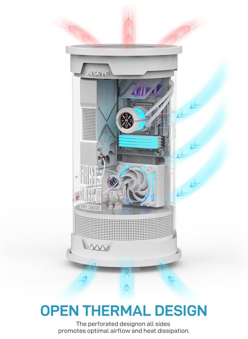 ALSEYE FC-01 Cylinder Acrylic Gaming PC Case - 360° Panoramic View, 165mm CPU Cooler Height, Micro ATX/ITX Tower with Unique Fish Tank Design (White) - Image 3