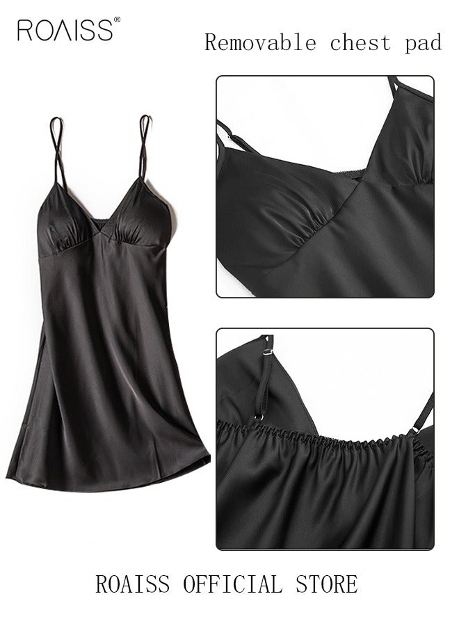 roaiss 5-Pack Women's Pajama Set Sling with Chest Pad Nightdress Sweet Sleepwear Home Wearing Clothes Suits Ladies Floral Printing Nightwear Lingerie Robe Underwear Shorts Summer Spring Black  - Image 5