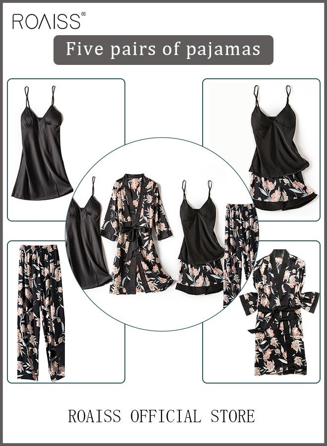 roaiss 5-Pack Women's Pajama Set Sling with Chest Pad Nightdress Sweet Sleepwear Home Wearing Clothes Suits Ladies Floral Printing Nightwear Lingerie Robe Underwear Shorts Summer Spring Black  - Image 4