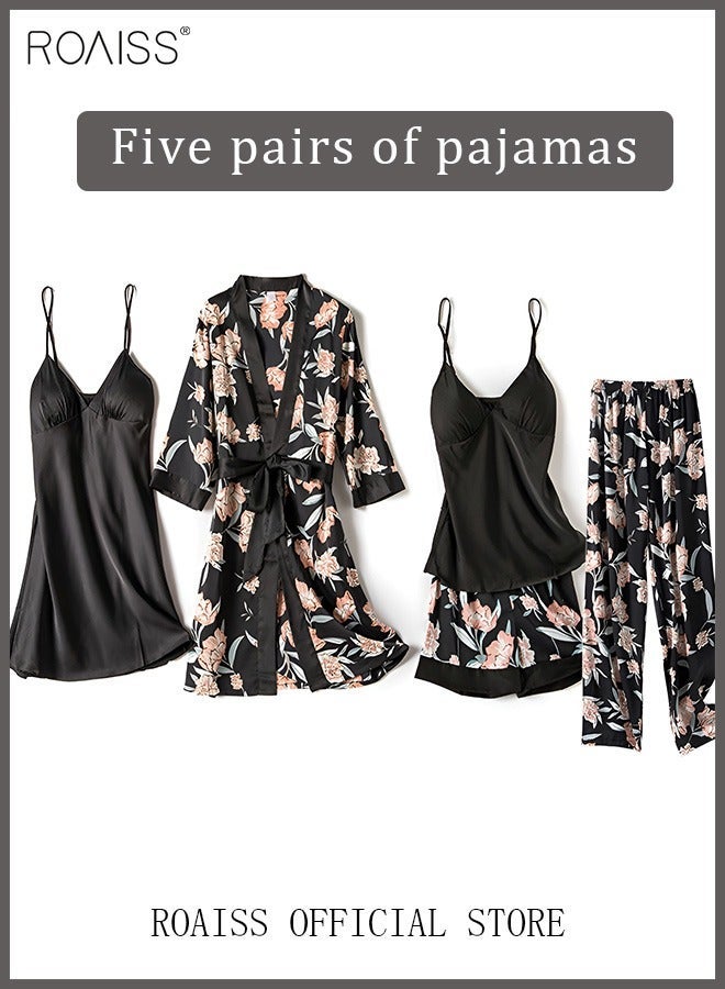 roaiss 5-Pack Women's Pajama Set Sling with Chest Pad Nightdress Sweet Sleepwear Home Wearing Clothes Suits Ladies Floral Printing Nightwear Lingerie Robe Underwear Shorts Summer Spring Black - Image 2