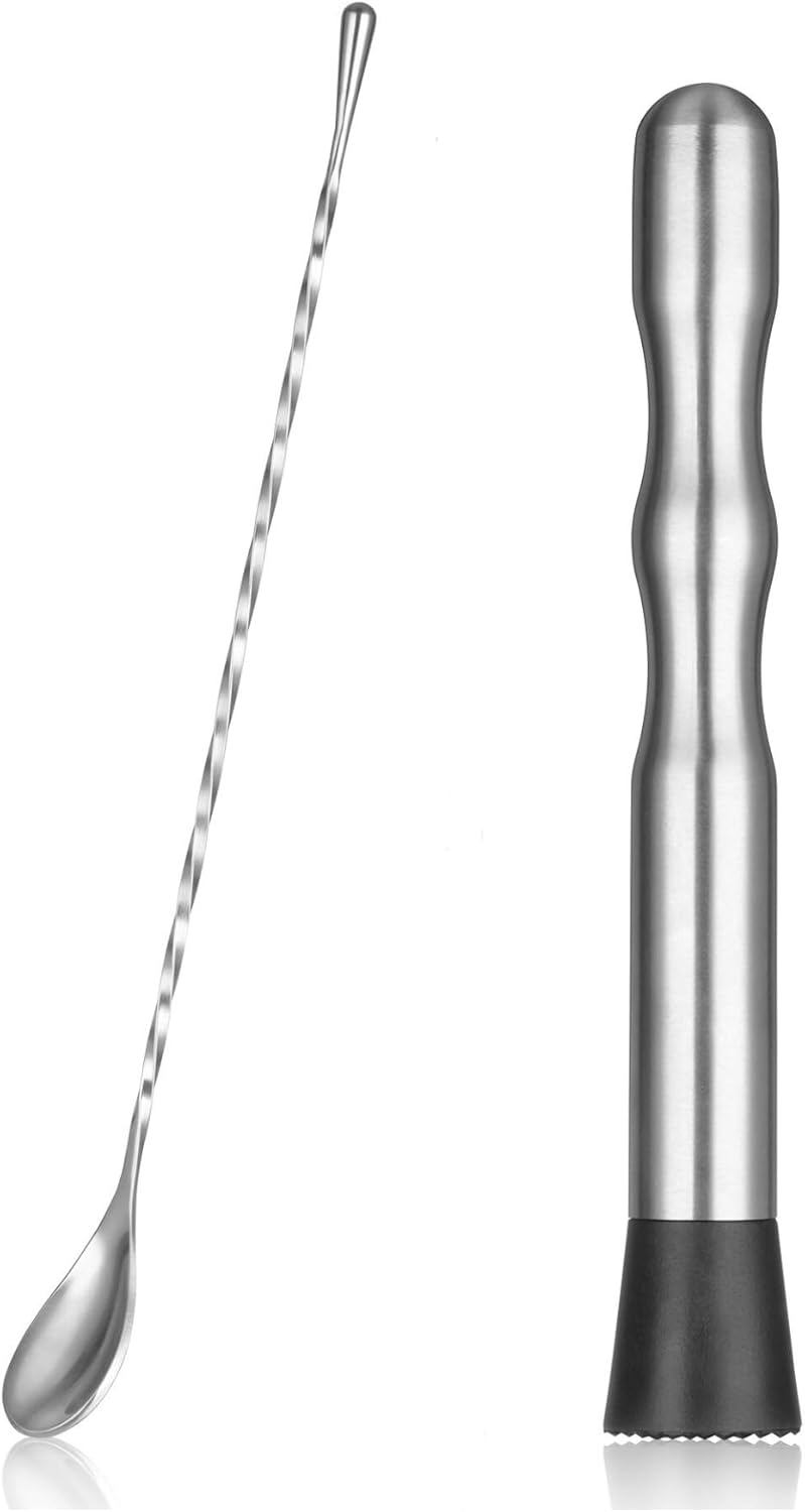 LEGERM Stainless Steel Cocktail Muddler & Long Handle Stirring Spoon 2-Piece Set - Professional Bartender Tools for Mojitos, Fruit Drinks & Cocktail Mixing - Image 1