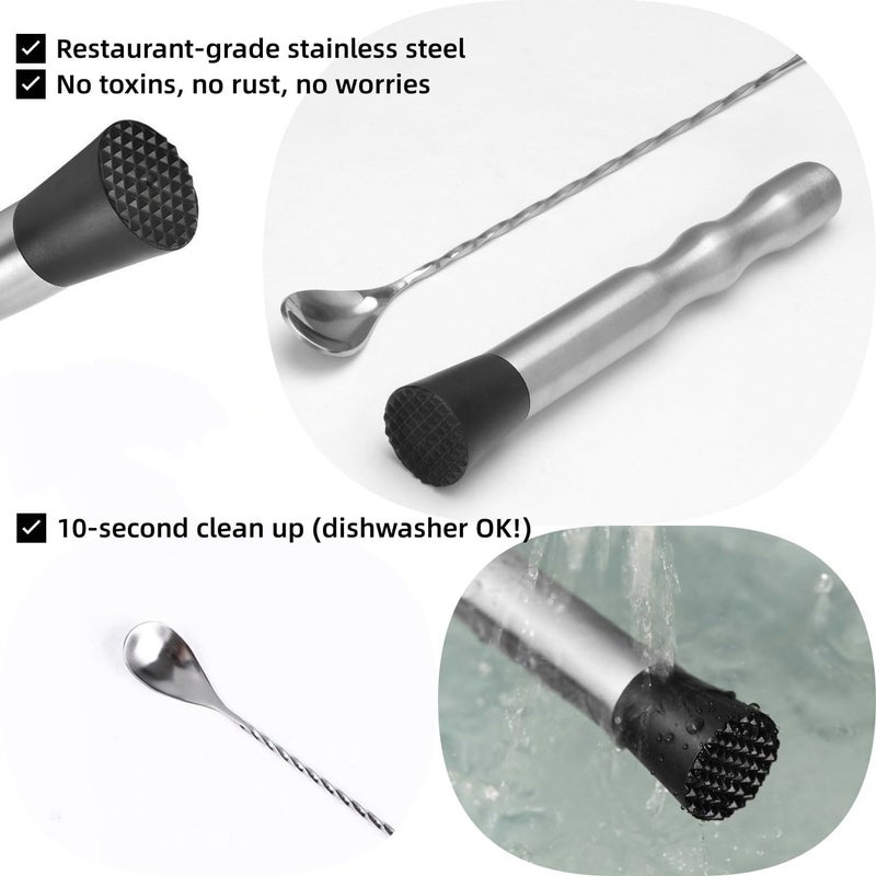 LEGERM Stainless Steel Cocktail Muddler & Long Handle Stirring Spoon 2-Piece Set - Professional Bartender Tools for Mojitos, Fruit Drinks & Cocktail Mixing - Image 4