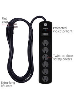 GE Ge 6Outlet Surge Protector 2 Pack 8 Ft Extension Cord Power Strip 800 Joules Flat Plug Twisttoclose Safety Covers Protected Indicator Light Ul Listed Black 54643  - Image 3
