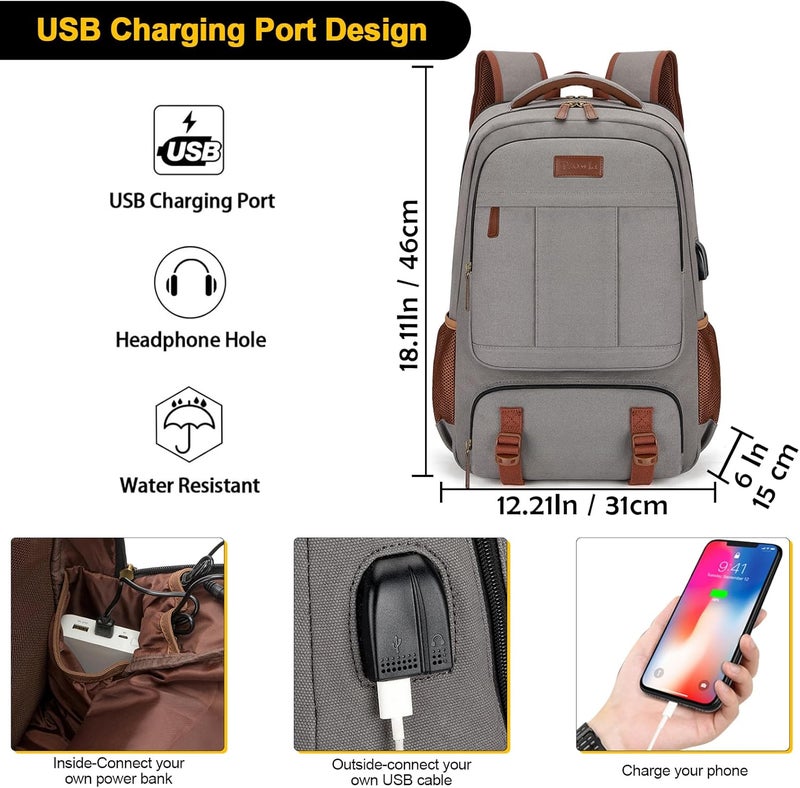 Tzowla Canvas Laptop Travel Backpack, Bag for Men Women, School Rucksack Fits 15.6-17.3"Laptop/Computer, Carry on Bookbag with USB Charging Port - Image 2
