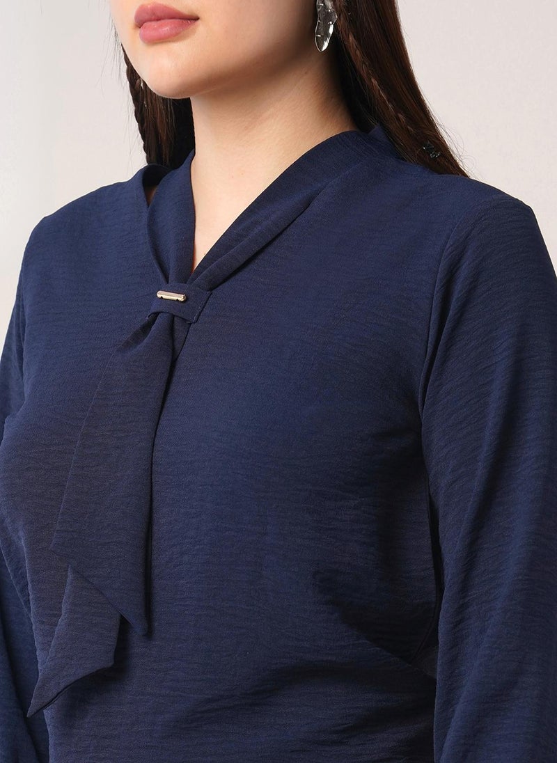 Globus Women Navy Blue Tie-Up Neck Cuffed Sleeves Workwear Top - Image 5