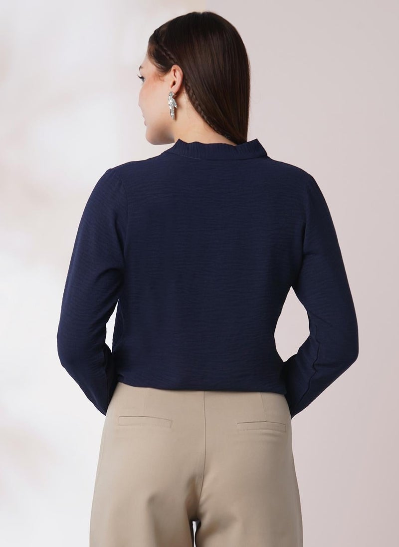 Globus Women Navy Blue Tie-Up Neck Cuffed Sleeves Workwear Top - Image 4
