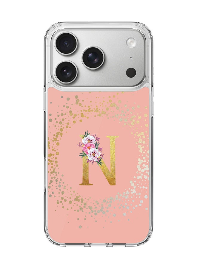 Stylizedd Classic Clear MagSafe Case for iPhone 17 Pro , Hybrid Soft Case Flexible Edges Anti Drop TPU PC Gel Thin Transparent Cover [ Designed for iPhone 17 Pro ] - Custom Monogram Initial Letter Floral Pattern Alphabet - N  (Rose Pink ) - Image 1