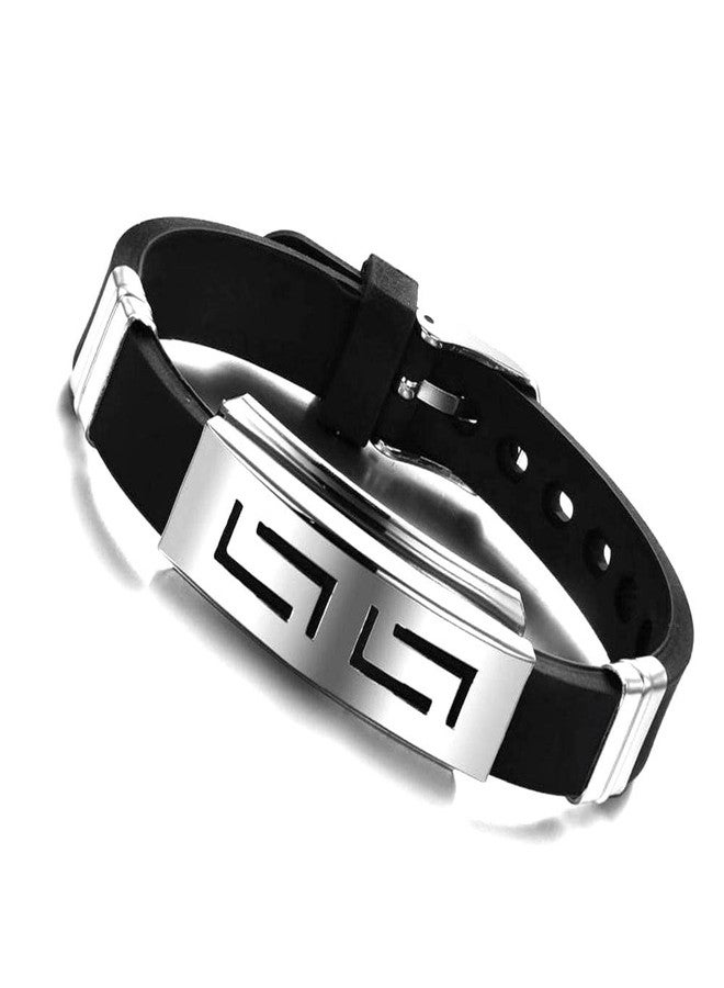 Vientiq Men's Silicon Rubber Stainless Steel Hook Eye Clasp Wristband (Black) - Image 1