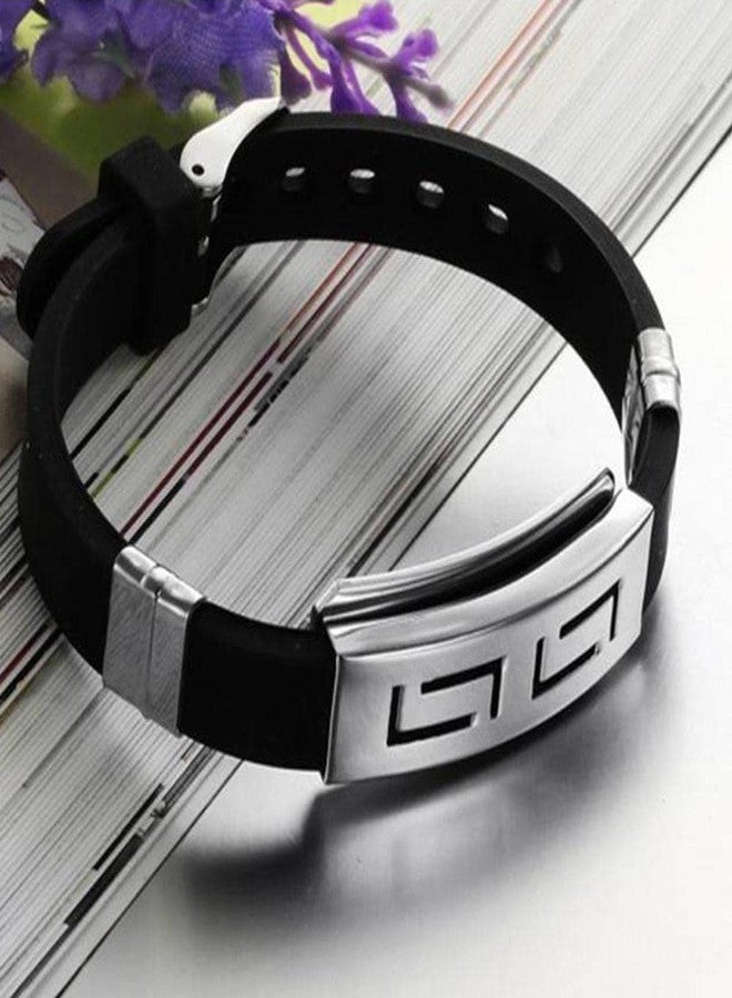 Vientiq Men's Silicon Rubber Stainless Steel Hook Eye Clasp Wristband (Black) - Image 2