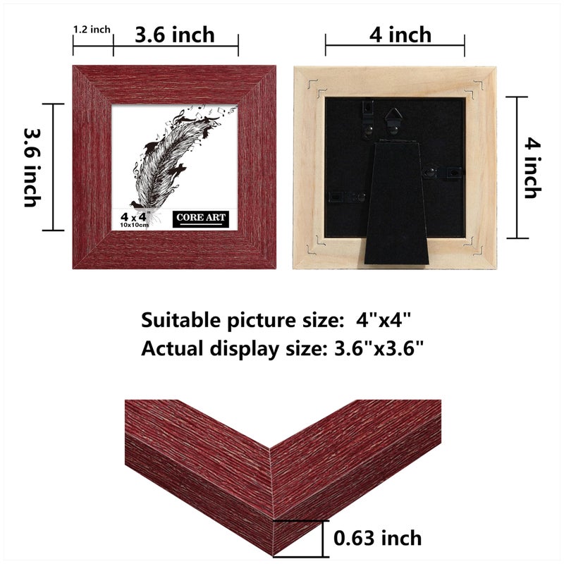 CORE ART 4x4 Picture Frame  Handmade Wood Rustic Red Photo Frame Set of 2  High Definition Semi-tempered Glass Wall or Tabletop Display - Image 2