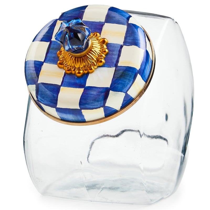 MACKENZIECHILDS Sweets Jar with Enamel Lid Small Glass Cookie Jar or Kitchen Jar 05Gallon Capacity BlueandWhite Royal Check