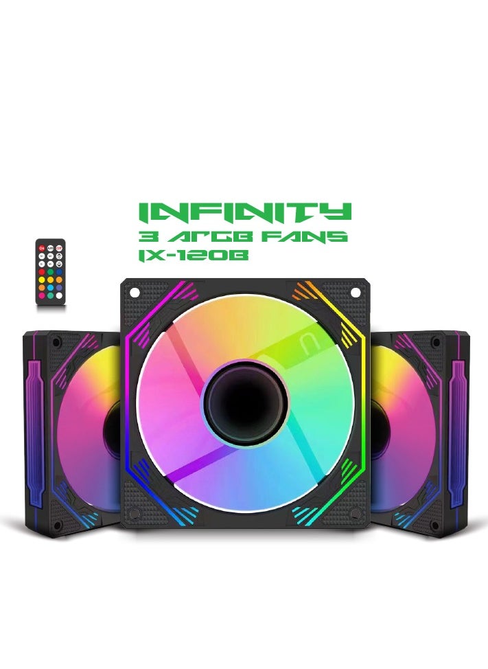 SHARX SHARX INFINITY(IX-120B), Pack of 3 ARGB Case Fans, Black, 120mm , Low Noise Anti Vibration Pads, 3 Sides Infinity Mirror, 4pin/3pin PWM Motherboard Light Sync, With Remote Controller, For Computer Case and Liquid Cooler  - Image 1
