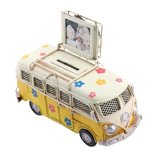 NAUTIMALL Vintage-Style Miniature Hippie Camper Van Model Tropical Theme Flower Decals 6.5inches Beach Bus Home Decor Gift for Boys Kids Hippie Van Ornament (Yellow (Money Bank)) - Image 1