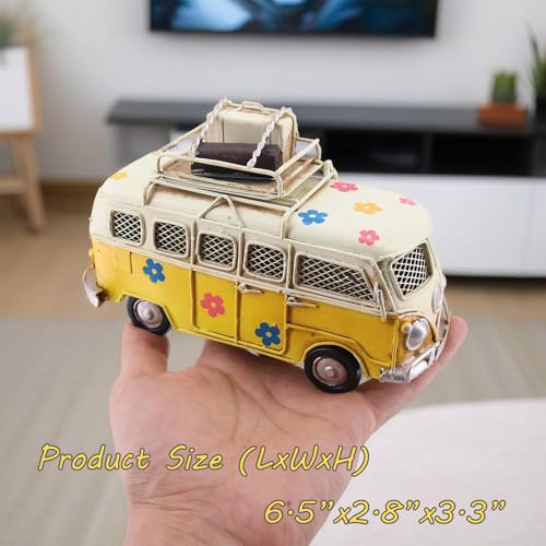 NAUTIMALL Vintage-Style Miniature Hippie Camper Van Model Tropical Theme Flower Decals 6.5inches Beach Bus Home Decor Gift for Boys Kids Hippie Van Ornament (Yellow (Money Bank)) - Image 2