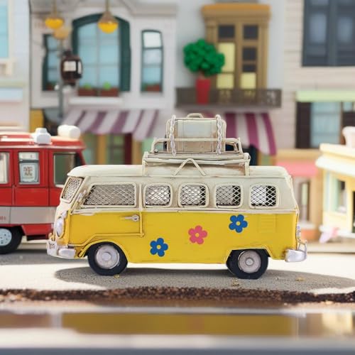 NAUTIMALL Vintage-Style Miniature Hippie Camper Van Model Tropical Theme Flower Decals 6.5inches Beach Bus Home Decor Gift for Boys Kids Hippie Van Ornament (Yellow (Money Bank)) - Image 3