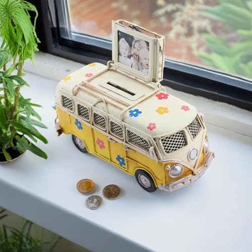 NAUTIMALL Vintage-Style Miniature Hippie Camper Van Model Tropical Theme Flower Decals 6.5inches Beach Bus Home Decor Gift for Boys Kids Hippie Van Ornament (Yellow (Money Bank)) - Image 4