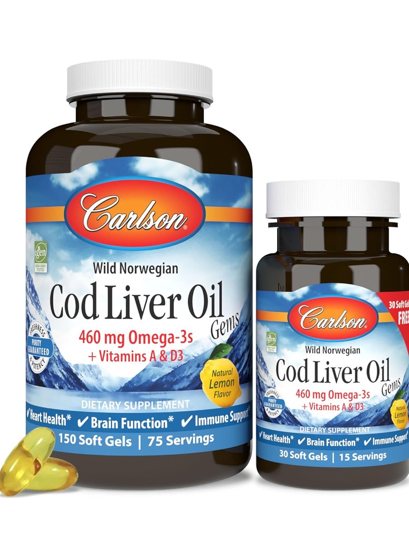 Carlson Cod Liver Oil, Lemon Flavor, 150+30 Soft Gels - Image 1
