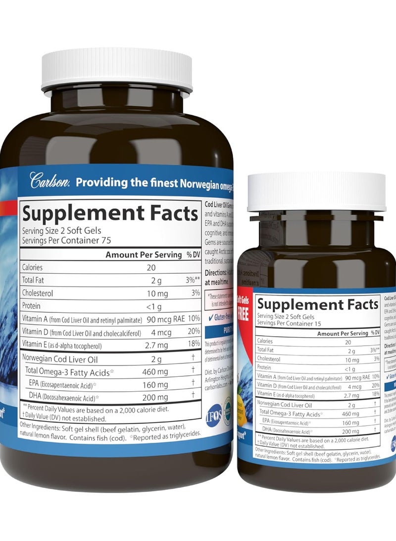 Carlson Cod Liver Oil, Lemon Flavor, 150+30 Soft Gels - Image 2