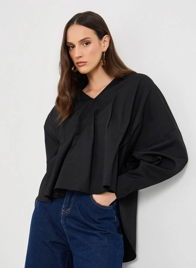 Styli Styli Women Black Front Box Pleat Drop Hem Shirt