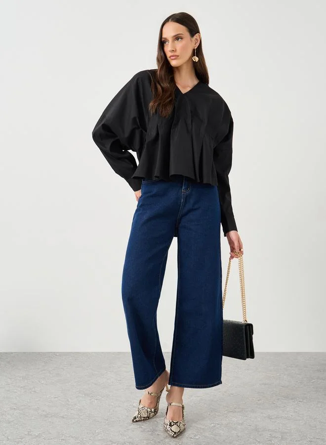 Styli Styli Women Black Front Box Pleat Drop Hem Shirt