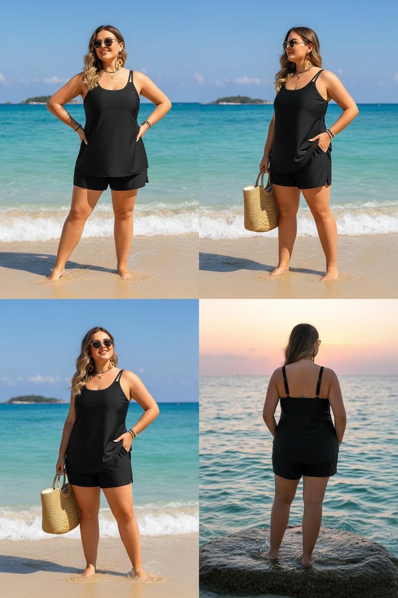 Tempt Me Plus Size Tankini Swimsuits - Women Two Piece Tankini Top with Shorts Flowy Swimsuit 2025 Bathing Suits Black 18W - Image 4