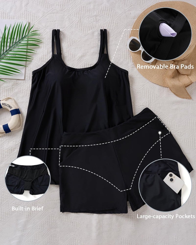 Tempt Me Plus Size Tankini Swimsuits - Women Two Piece Tankini Top with Shorts Flowy Swimsuit 2025 Bathing Suits Black 18W - Image 5
