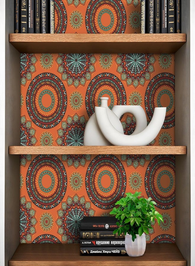 LACHEERY Burnt Orange Boho Wallpaper Peel and Stick Vintage Boho Teal Orange Geometric Circle Wallpaper Stick and Peel Waterproof Contact Paper for Walls Cabinets Self Adhesive Wall Paper 17.5"x80" - Image 5