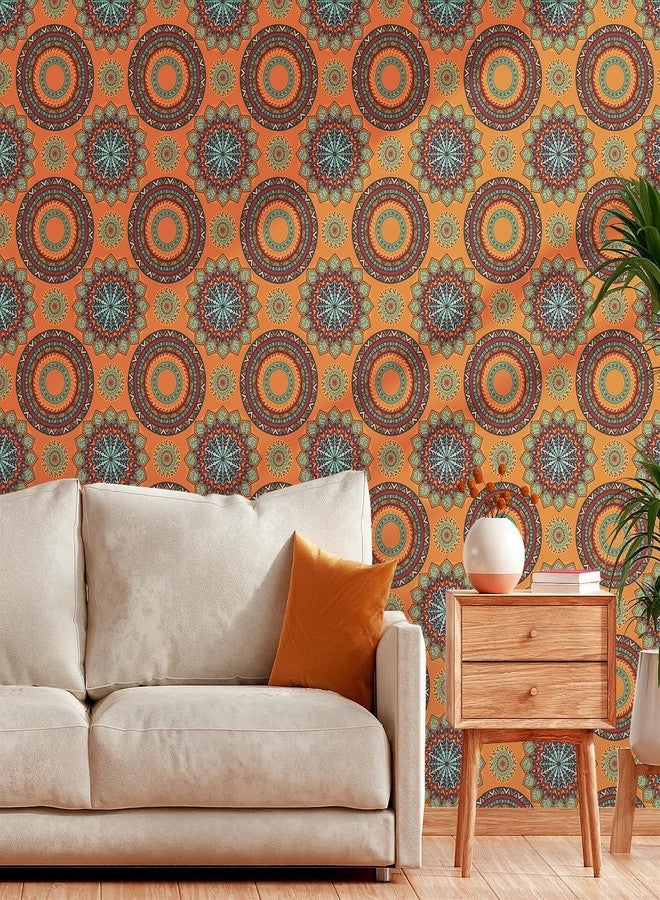 LACHEERY Burnt Orange Boho Wallpaper Peel and Stick Vintage Boho Teal Orange Geometric Circle Wallpaper Stick and Peel Waterproof Contact Paper for Walls Cabinets Self Adhesive Wall Paper 17.5"x80" - Image 3